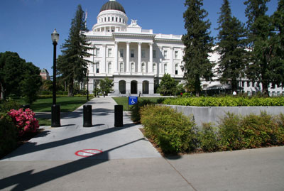 View of the south entrance of the State Capitol as it appears today with the south pavilion entrance in the background